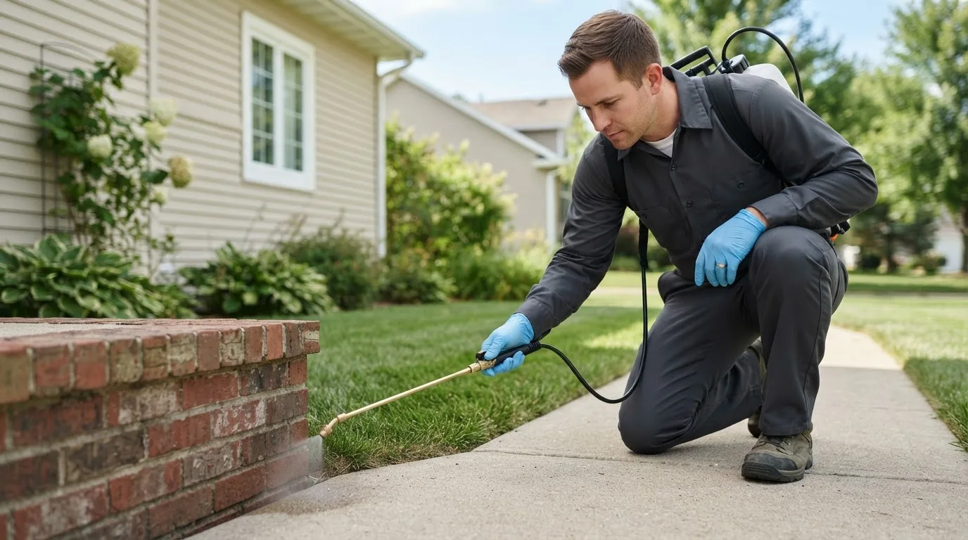 Pest control technician treating a home near Fairfax, VT